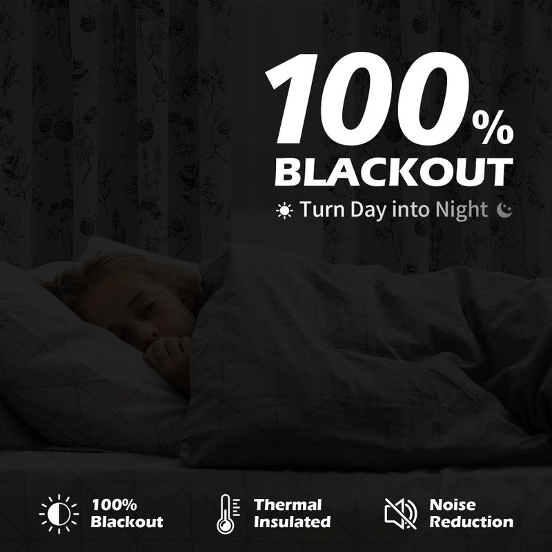 FMFUNCTEX 100% Blackout Floral Curtains 84 Inches Long for Bedroom, Black and White Leaf Drapes for Living Room, Farmhouse Rod Pocket Back Tab Room Darkening Thermal Insulated Window Drapes 2 Panels - Image 3