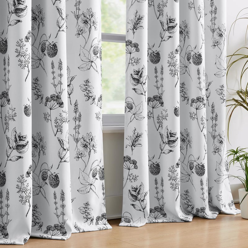 FMFUNCTEX 100% Blackout Floral Curtains 84 Inches Long for Bedroom, Black and White Leaf Drapes for Living Room, Farmhouse Rod Pocket Back Tab Room Darkening Thermal Insulated Window Drapes 2 Panels - Image 4