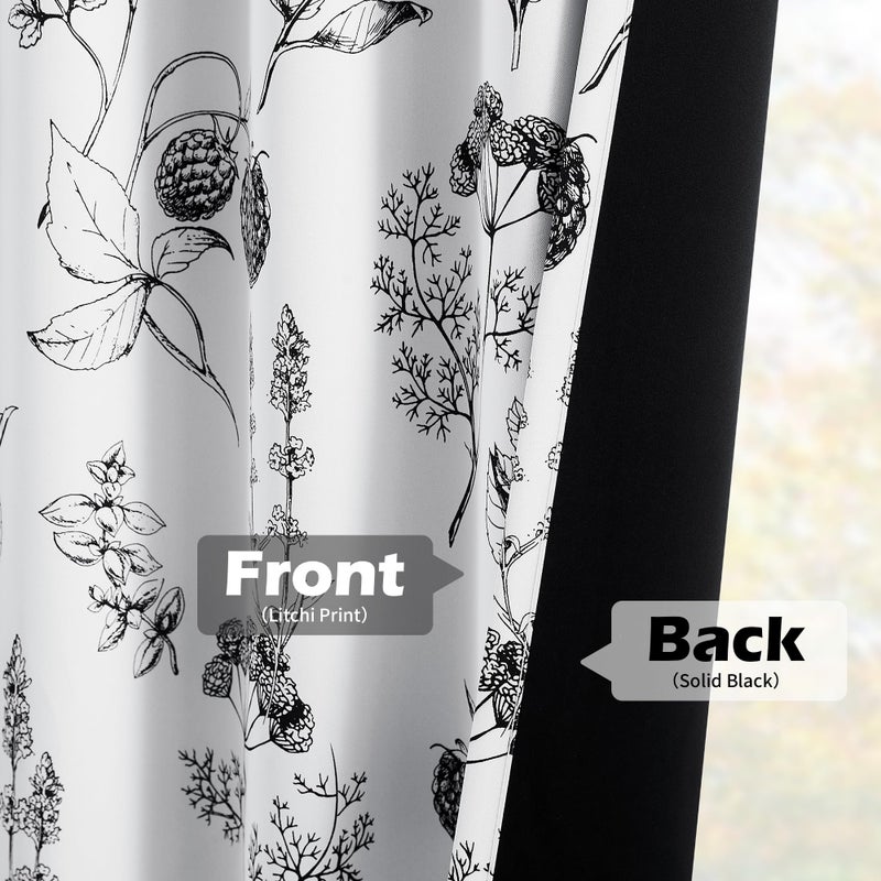 FMFUNCTEX 100% Blackout Floral Curtains 84 Inches Long for Bedroom, Black and White Leaf Drapes for Living Room, Farmhouse Rod Pocket Back Tab Room Darkening Thermal Insulated Window Drapes 2 Panels - Image 5