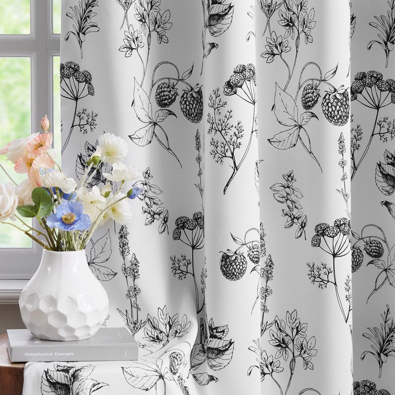 FMFUNCTEX 100% Blackout Floral Curtains 84 Inches Long for Bedroom, Black and White Leaf Drapes for Living Room, Farmhouse Rod Pocket Back Tab Room Darkening Thermal Insulated Window Drapes 2 Panels - Image 1