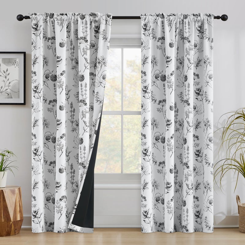 FMFUNCTEX 100% Blackout Floral Curtains 84 Inches Long for Bedroom, Black and White Leaf Drapes for Living Room, Farmhouse Rod Pocket Back Tab Room Darkening Thermal Insulated Window Drapes 2 Panels - Image 2
