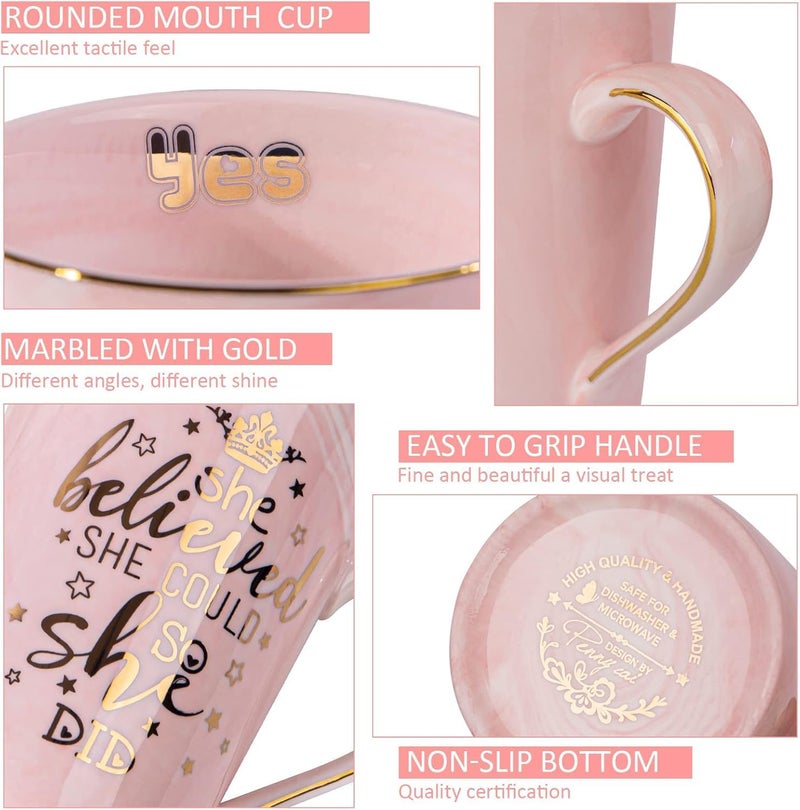ALBISS Gifts for Her, Pink Marble Ceramic Gold Print Cup 14oz，Printed with She Believed She Could So She Did, Inspirational Congratulations Gifts for Daughter, Friend, Exquisite Gift Box - Image 2