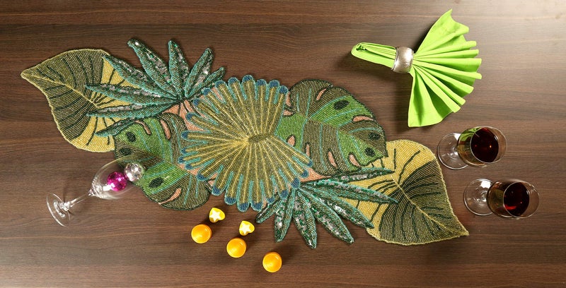 Light & Pro Lightnpro Beaded Table Runner 13x36 Inch - Handmade Decorative Green Leaves Pattern with Glitz Embroidery - Elegant Table Decor for Weddings, Holidays, Parties, Gifts & Everyday Dining Centerpieces - Image 1