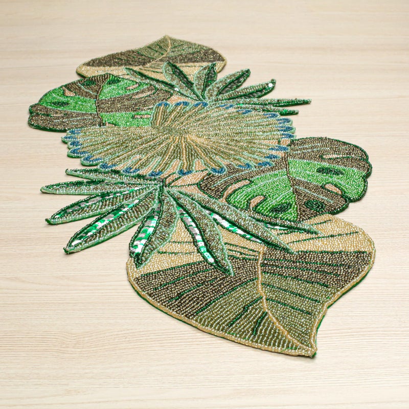 Light & Pro Lightnpro Beaded Table Runner 13x36 Inch - Handmade Decorative Green Leaves Pattern with Glitz Embroidery - Elegant Table Decor for Weddings, Holidays, Parties, Gifts & Everyday Dining Centerpieces - Image 2