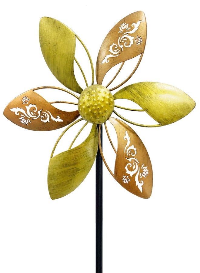 مجموعة من قطعتين من دوارات الرياح المعدنية من غرونهوف مقاس 37 بوصة للفناء والحديقة، دوارات رياح خارجية حركية مقاس 10 بوصات، فن زخرفي مقاوم للصدأ للفناء (زخارف زهرية ذهبية مقطوعة بالليزر) - Image 1