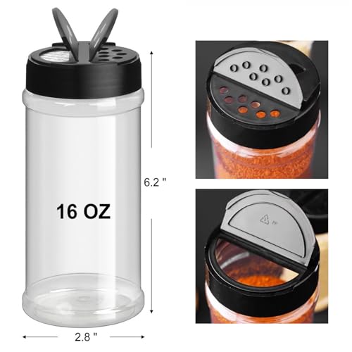 TUZAZO 16 Oz Spice Bottles Plastic Seasoning Containers 6 PACK Large Plastic Spice Jars with Shaker Lids Empty for Spice Herbs Powders Glitters BPA Free Wide Mouth Dual Flip Tops - Image 3