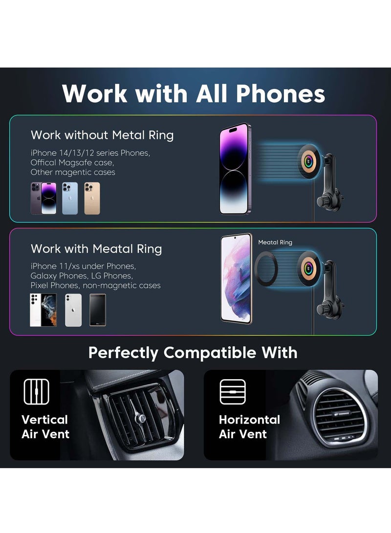 MagSafe Car Charger with 360° Adjustable Magnetic Design, Wireless Air Vent Phone Holder with RGB Light for iPhone 14 13 12 Series