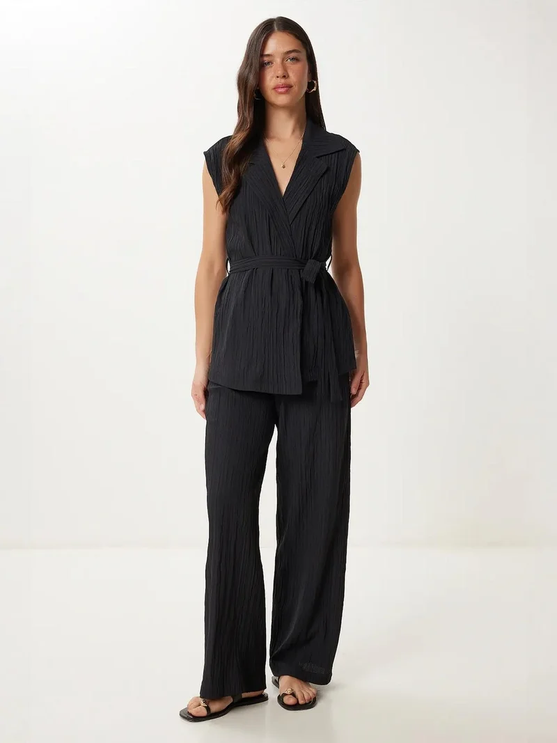 Happiness İstanbul ISTANBUL High Waist Two-Piece Set with Shirt Collar and Wide Leg Pants