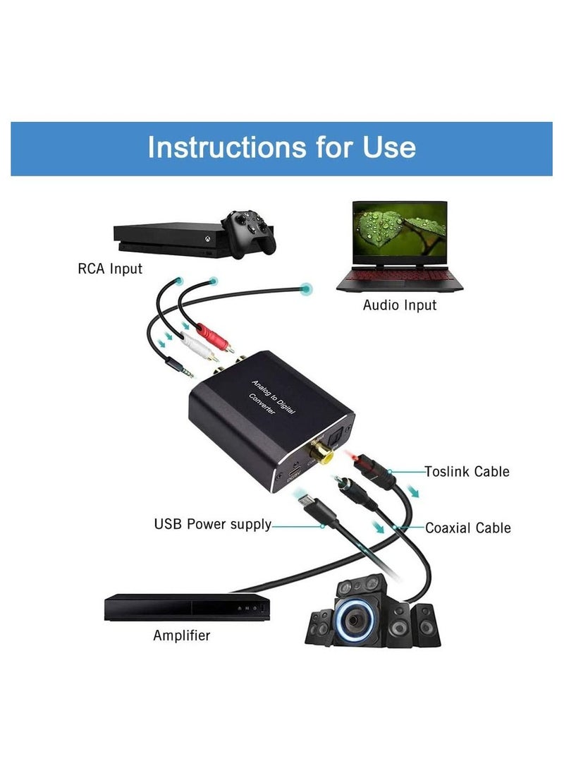 AMANKA - AMANKA Analogue to Digital Audio Converter with Optical Cable - Analogue to Digital Converter RCA RCA + 3.5 mm Audio Jack to Toslink / SPDIF Coaxial Audio Adapter for TV DVD Blu-Ray PS3 Xbox - Alumini - Image 1