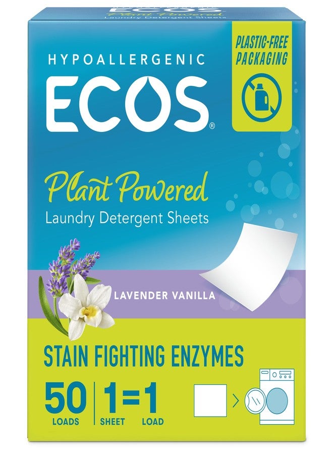 ECOS Laundry Detergent Sheets Vegan, No Plastic Jug, No Mess & Liquid Free - Laundry Sheets in Washer - Hypoallergenic, Plant Powered Laundry Detergent Sheets - Lavender - 50 Sheets (Pack of 1) - Image 1