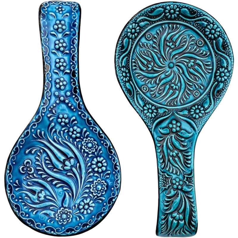 BCS Spoon Rest Set of 2  Ceramic Spoon Holder for Stovetop  Kitchen Counter  Dishwasher Safe Handmade Kitchen Utensil Turquoise 45 W x 9 L