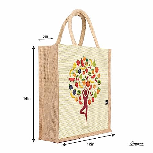 Sangra Multicolor Printed Jute Lunch Bag for Men & Women – Zip Closure with Handle (Yoga Fruit) - Image 3