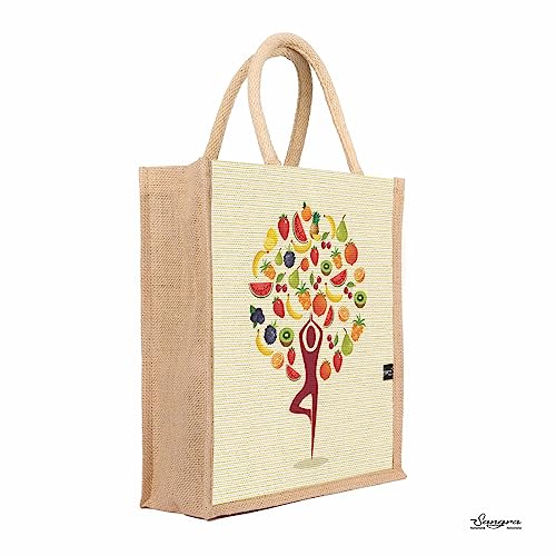 Sangra Multicolor Printed Jute Lunch Bag for Men & Women – Zip Closure with Handle (Yoga Fruit) - Image 2