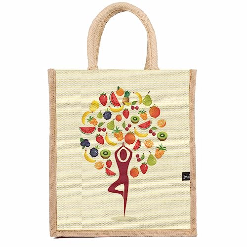 Sangra Multicolor Printed Jute Lunch Bag for Men & Women – Zip Closure with Handle (Yoga Fruit) - Image 1