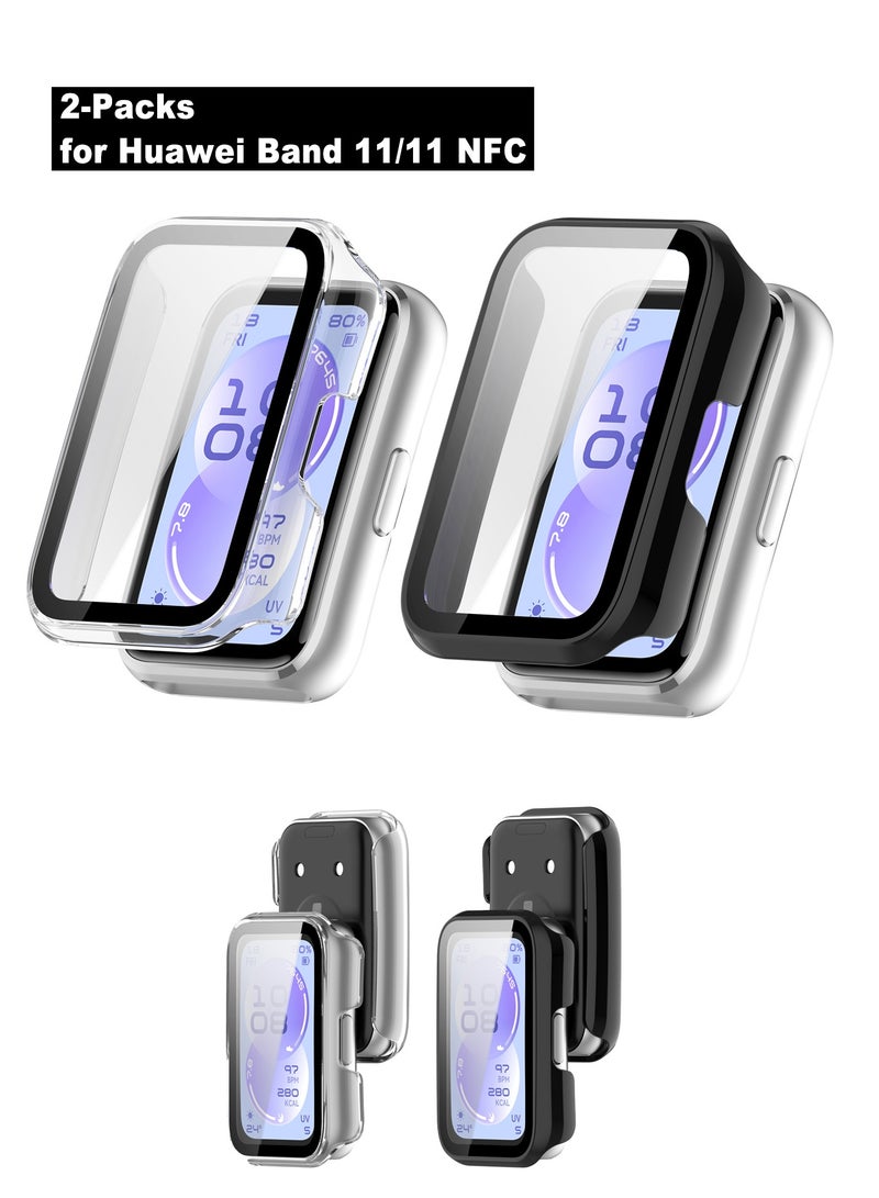OLYSON 2-Packs TPU Case for Huawei Band 11/11 NFC, with Built-in Tempered Glass Screen Protector, Shockproof All-Around Protective Cover, Soft Slim Bumper, Clear + Black - Image 1