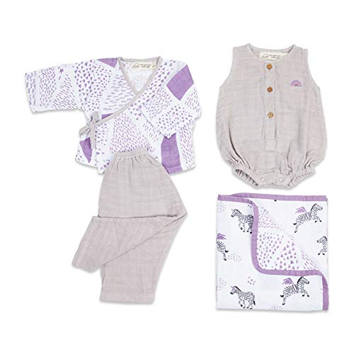 Masilo 100% Organic Cotton Muslin Snuggle Gift Set for New Born Boys and Girls-Baby Romper/Kimono Lounge Set/Stroller Blanket (70 x 70cm)-6-12 Months-Zebra - Image 2
