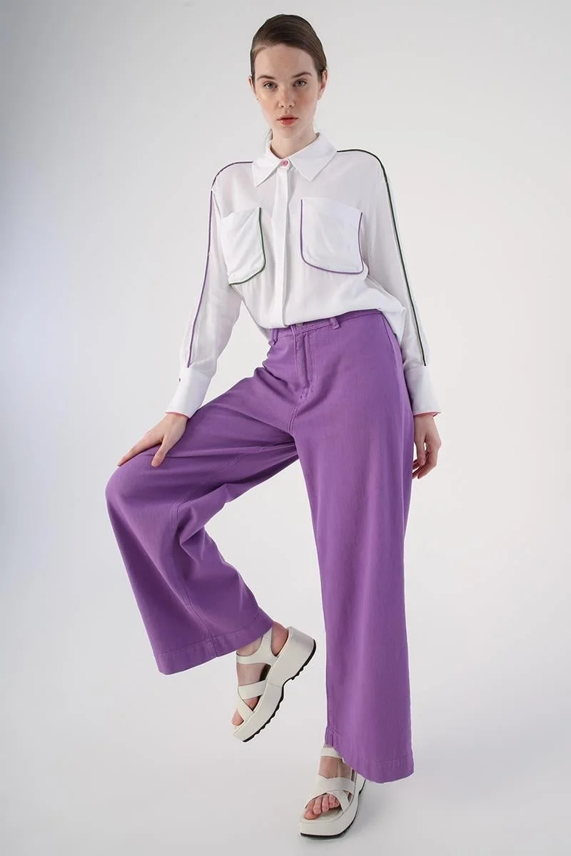Allday PURPLE-100% Cotton High Waist Wide Leg Trousers