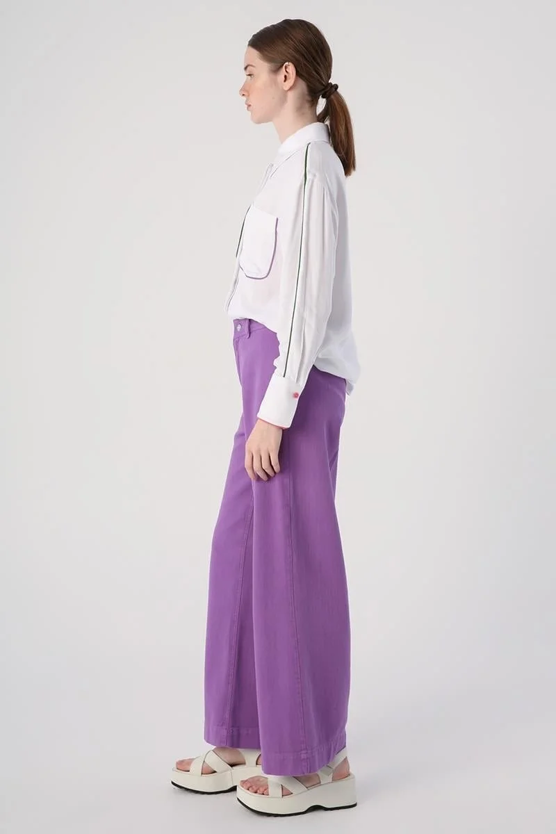 Allday PURPLE-100% Cotton High Waist Wide Leg Trousers