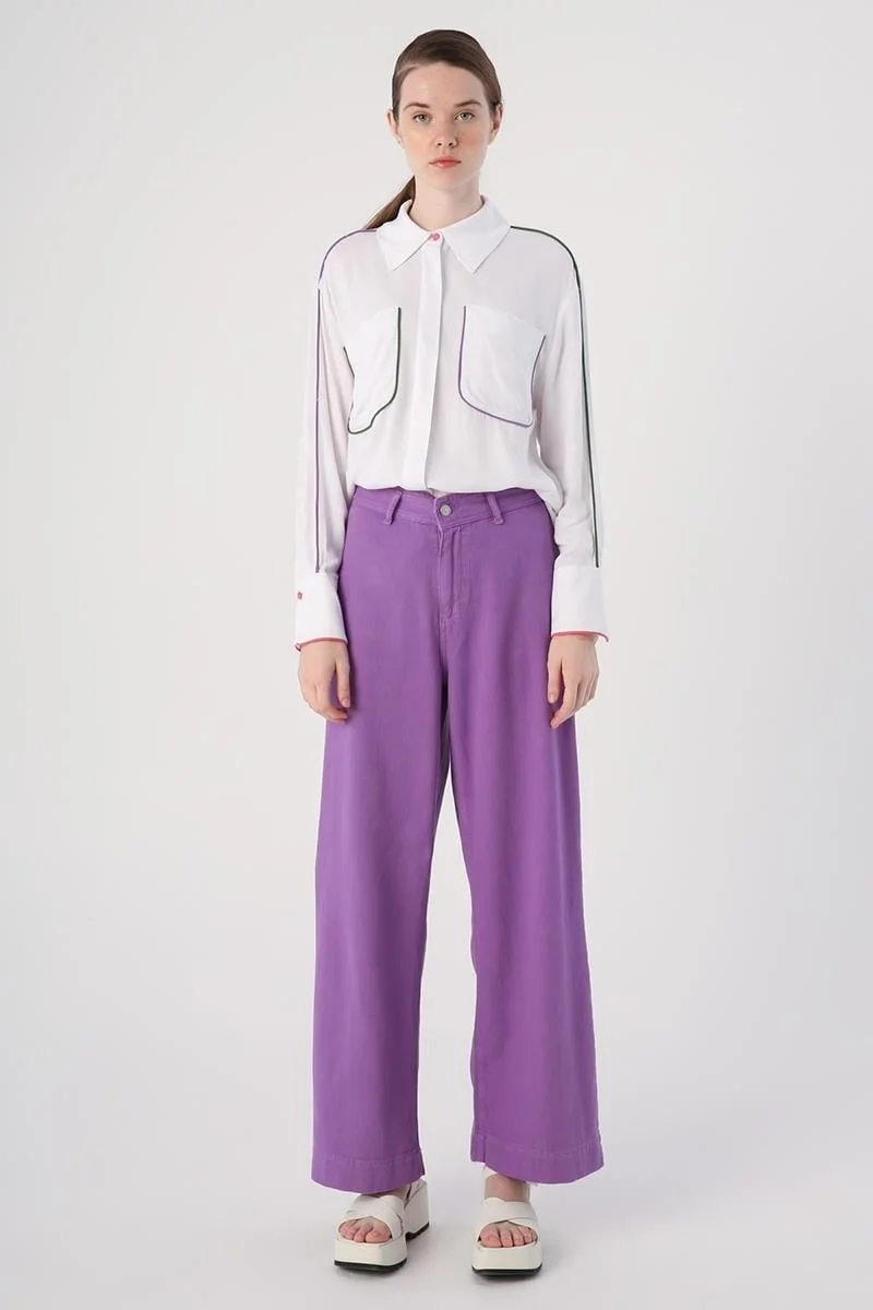 Allday PURPLE-100% Cotton High Waist Wide Leg Trousers