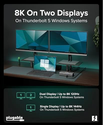 Plugable Thunderbolt 5 Docking Station for MacBook Pro and Windows, 140W Charging, Dual 6K@60Hz Mac, Dual 8K Windows, 80/120Gbps, 3X Thunderbolt 5 Ports, 2.5GbE, Driverless (TBT-UDT3) - Image 4