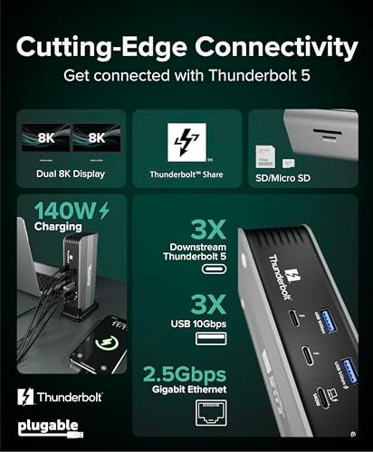 Plugable Thunderbolt 5 Docking Station for MacBook Pro and Windows, 140W Charging, Dual 6K@60Hz Mac, Dual 8K Windows, 80/120Gbps, 3X Thunderbolt 5 Ports, 2.5GbE, Driverless (TBT-UDT3) - Image 2