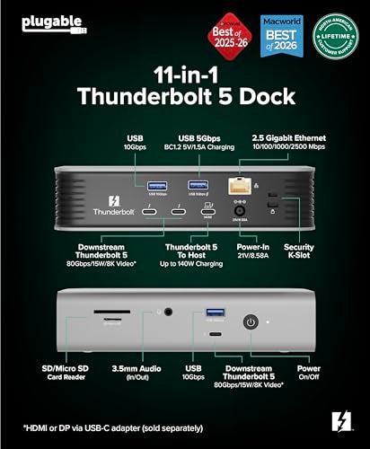 Plugable Thunderbolt 5 Docking Station for MacBook Pro and Windows, 140W Charging, Dual 6K@60Hz Mac, Dual 8K Windows, 80/120Gbps, 3X Thunderbolt 5 Ports, 2.5GbE, Driverless (TBT-UDT3) - Image 5