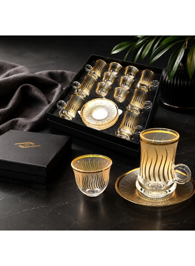 ALSAHAH Luxury 18-Piece Tea & Coffee Cups Set – 6 Glass Tea Cups with Handles + 6 Glass Saucers + 6 Coffee Cups – Perfect for Serving & Hospitality - Image 1