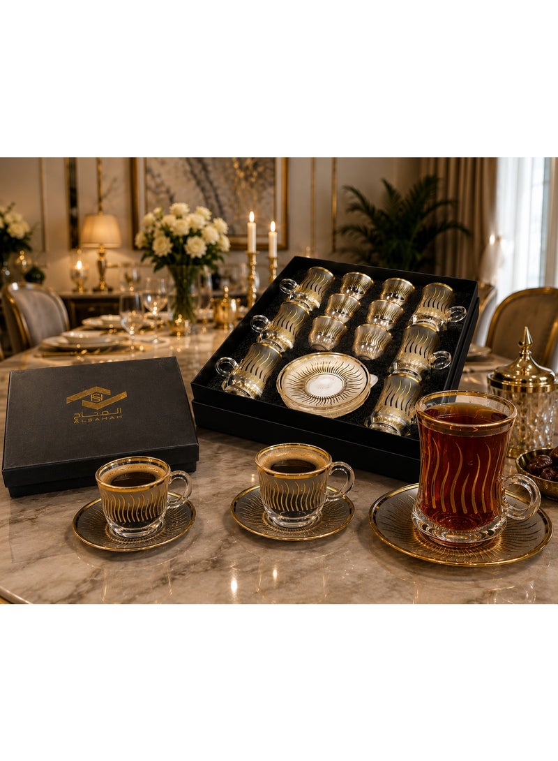 ALSAHAH Luxury 18-Piece Tea & Coffee Cups Set – 6 Glass Tea Cups with Handles + 6 Glass Saucers + 6 Coffee Cups – Perfect for Serving & Hospitality - Image 2