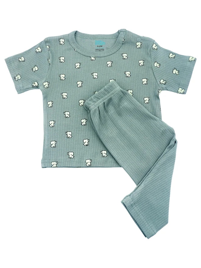 بابيز_بيسك Babies Basic Premium Ribbed Cotton Printed Short Sleeves T-Shirt and Pyjama Set
