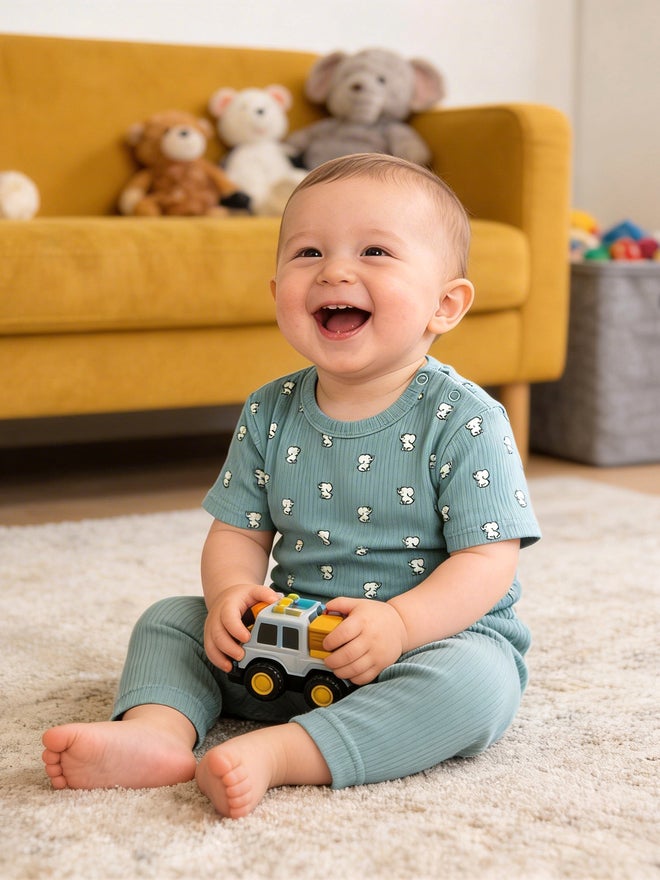 Babies Basic Premium Ribbed Cotton Printed Short Sleeves T-Shirt and Pyjama Set - Image 3