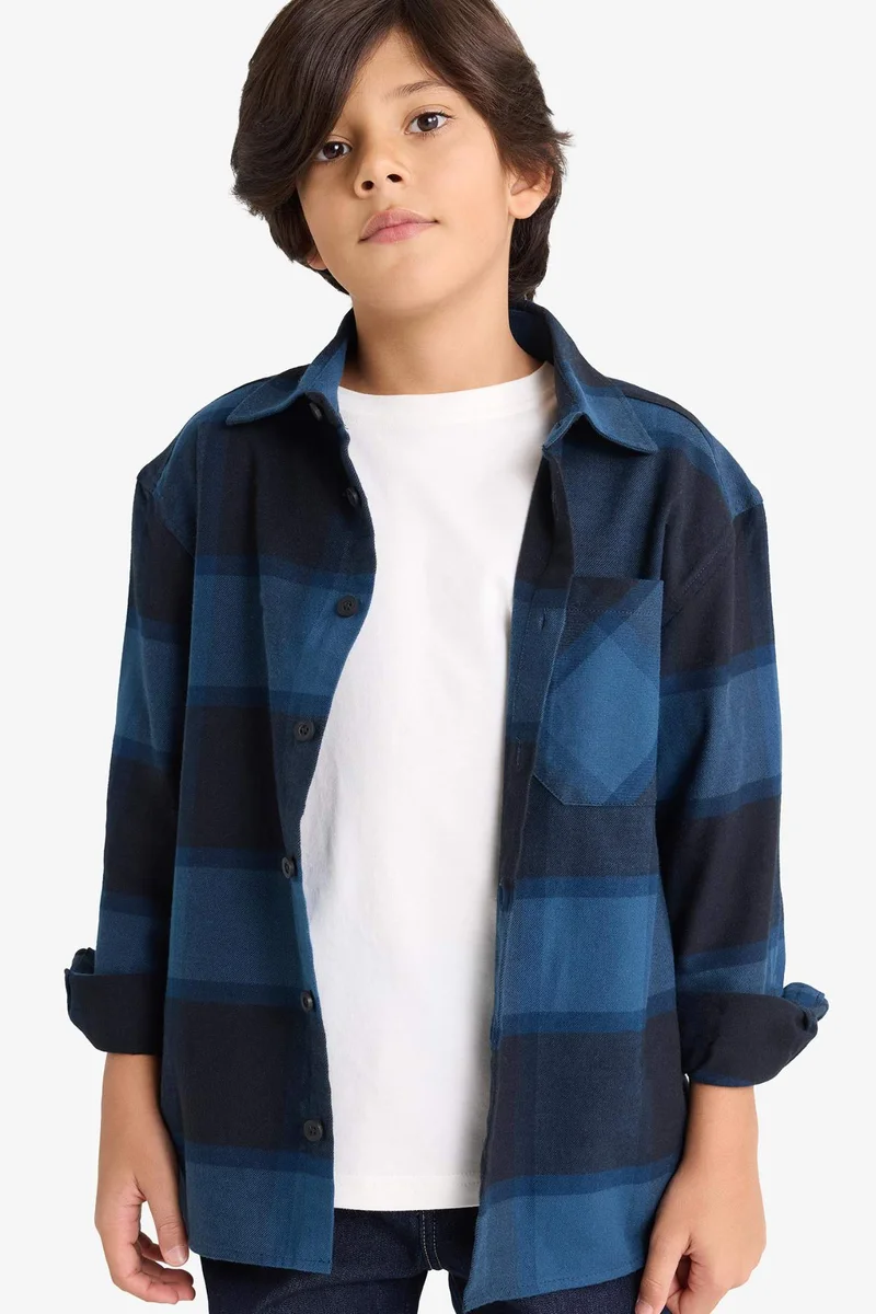 ديفاكتو Boy Oversize Polo Neck Plaid Long Sleeve Shirt