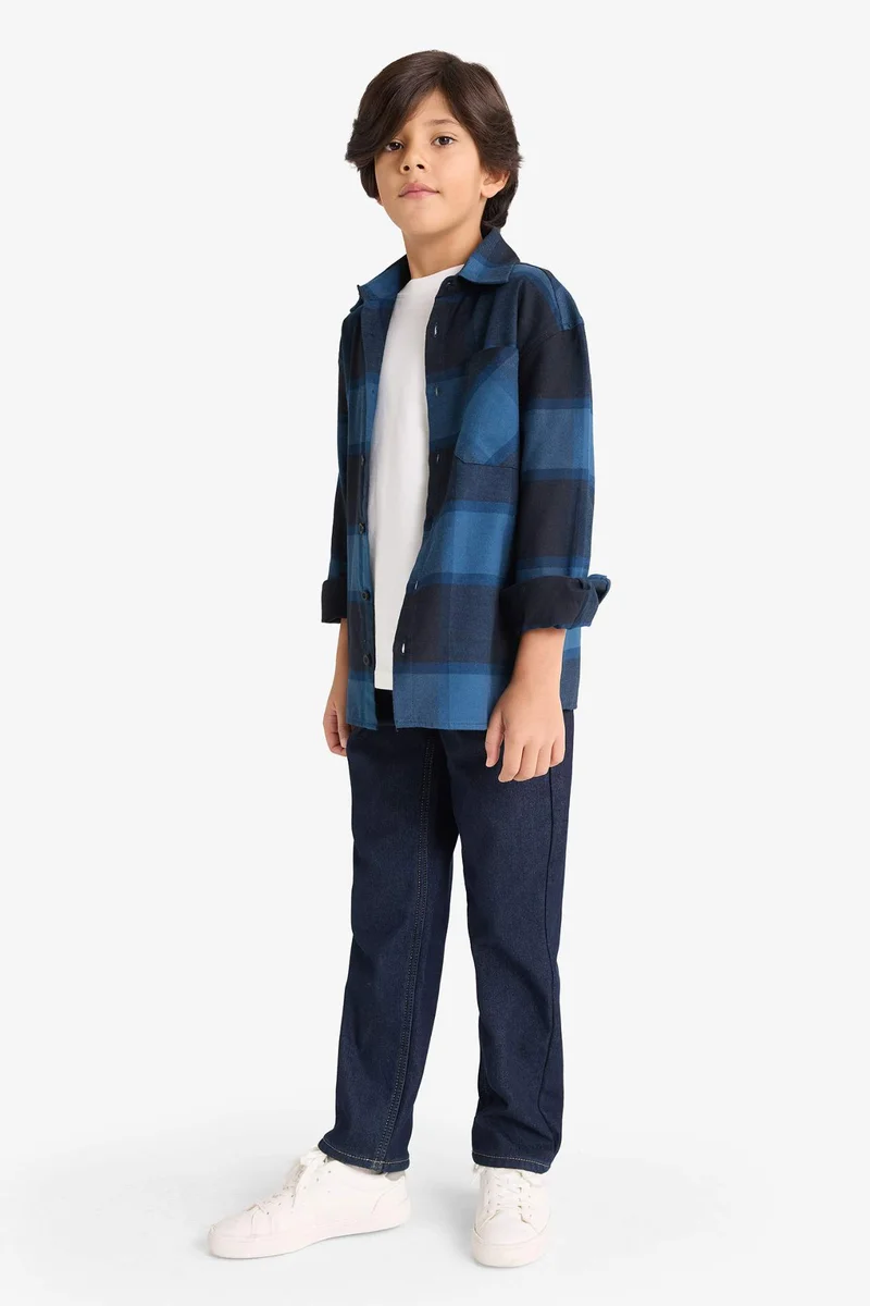 ديفاكتو Boy Oversize Polo Neck Plaid Long Sleeve Shirt