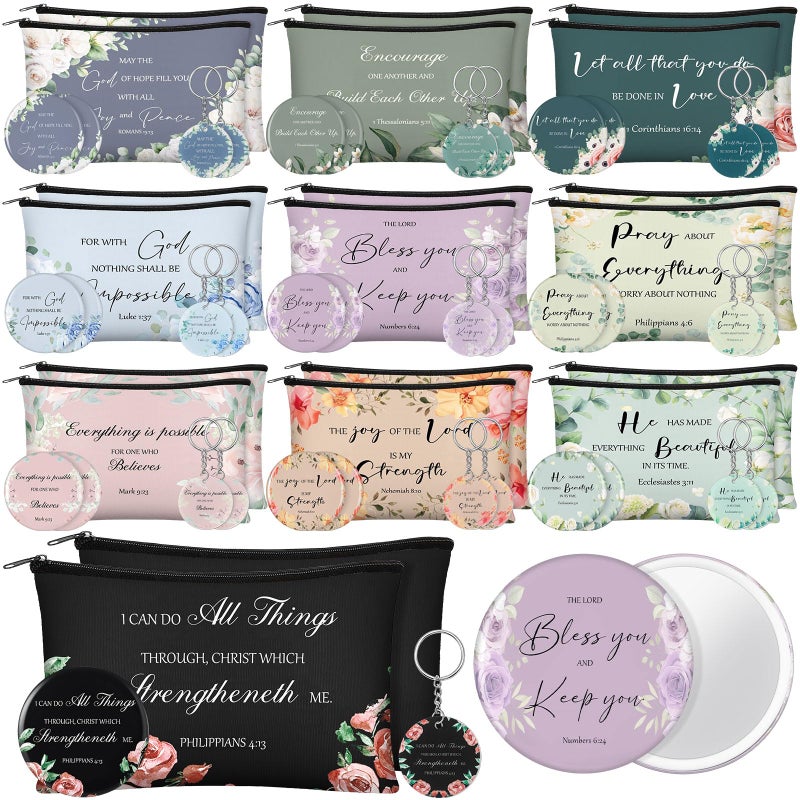 Dansydaisy 60 Pcs Christian Gifts for Women Religious Gifts Include 20 Canvas Makeup Bags 20 Bible Verse Mini Mirror 20 Inspirational Bible Keychains Church Favors for Women Mother Sister(Classic) - Image 1