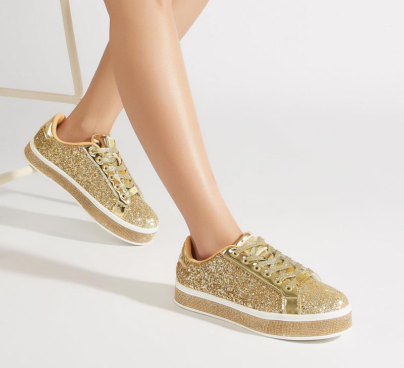 LUCKY STEP Women's Platform Glitter Sneakers | Sparkly Bling Shiny Dressy Bedazzled Wedding Bridal Fashion Walking Shoes (Gold,9 B(M) US) - Image 3
