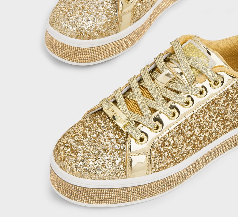 LUCKY STEP Women's Platform Glitter Sneakers | Sparkly Bling Shiny Dressy Bedazzled Wedding Bridal Fashion Walking Shoes (Gold,9 B(M) US) - Image 2
