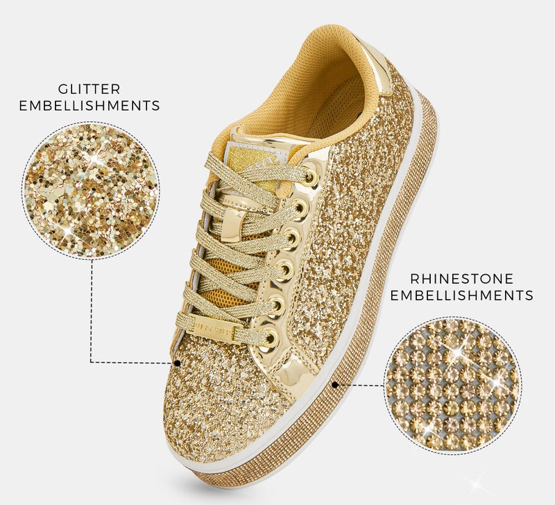 LUCKY STEP Women's Platform Glitter Sneakers | Sparkly Bling Shiny Dressy Bedazzled Wedding Bridal Fashion Walking Shoes (Gold,9 B(M) US) - Image 4