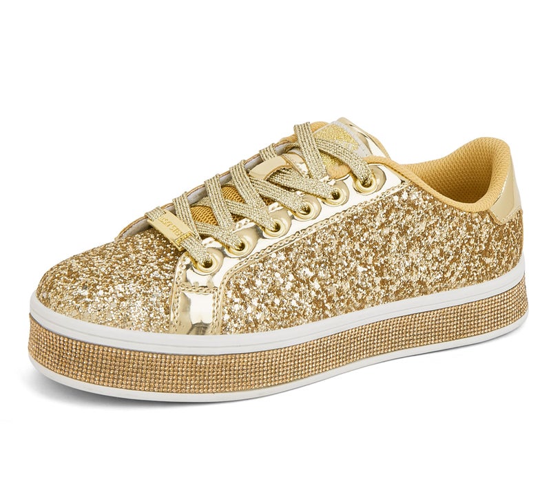 LUCKY STEP Women's Platform Glitter Sneakers | Sparkly Bling Shiny Dressy Bedazzled Wedding Bridal Fashion Walking Shoes (Gold,9 B(M) US) - Image 1