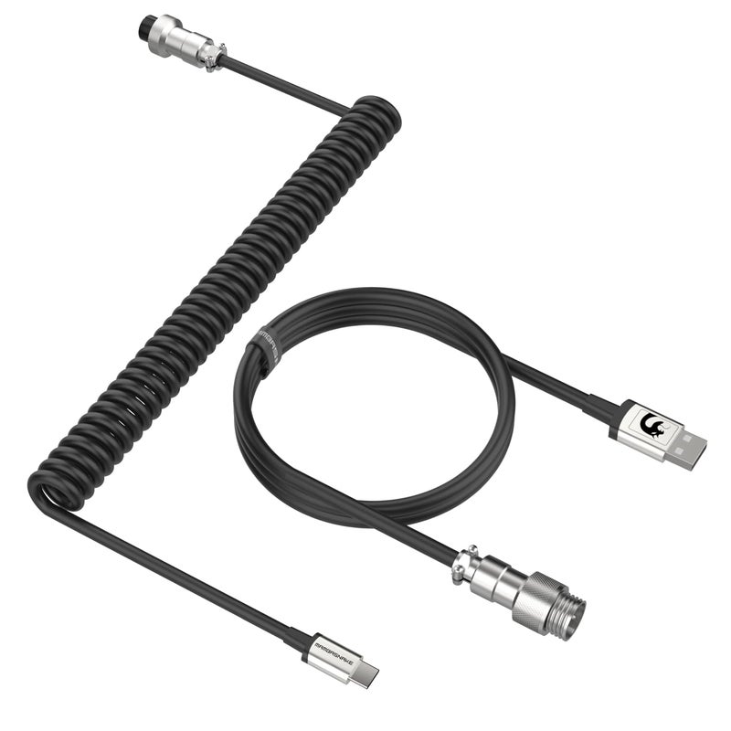 MAMBASNAKE C01 Coiled Keyboard Cable, Pro Custom USB-C Aviator Cable, Type-C to USB-A HyperSpeed Line with 8KHz Return Rate with Metal Aviation Connector for PC Gaming Keyboard-Black - Image 1