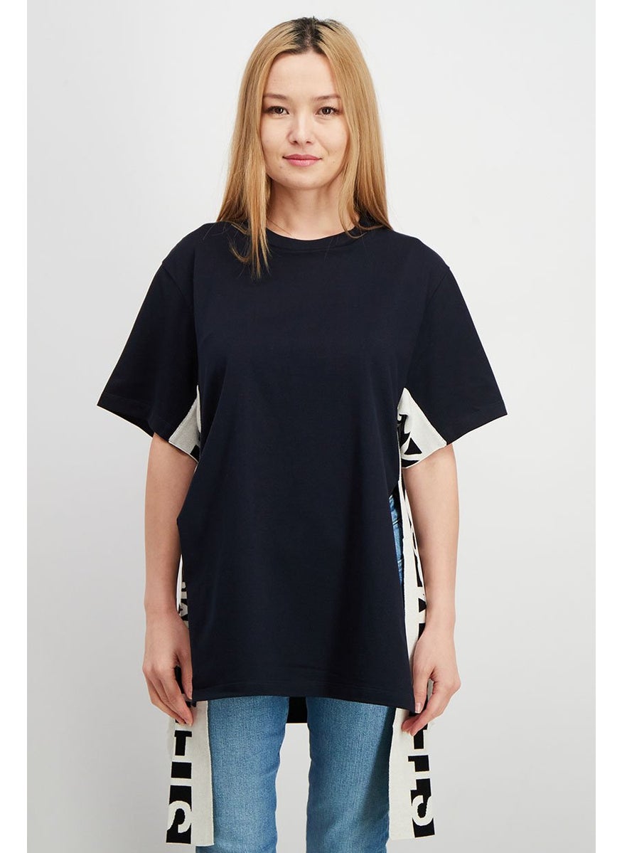 STELLA MCCARTNEY - Women Crew Neck Short Sleeve Textured T-shirt, Navy - Image 1