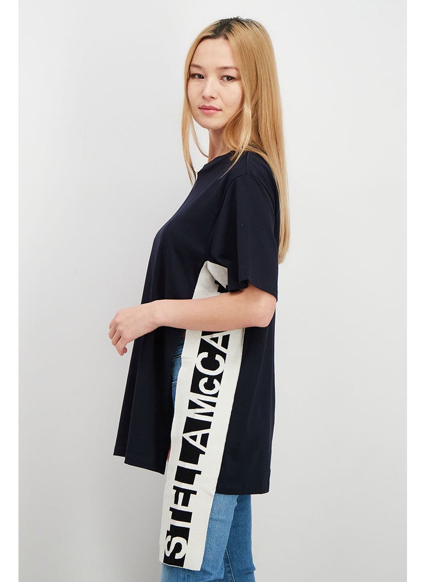 STELLA MCCARTNEY - Women Crew Neck Short Sleeve Textured T-shirt, Navy - Image 1