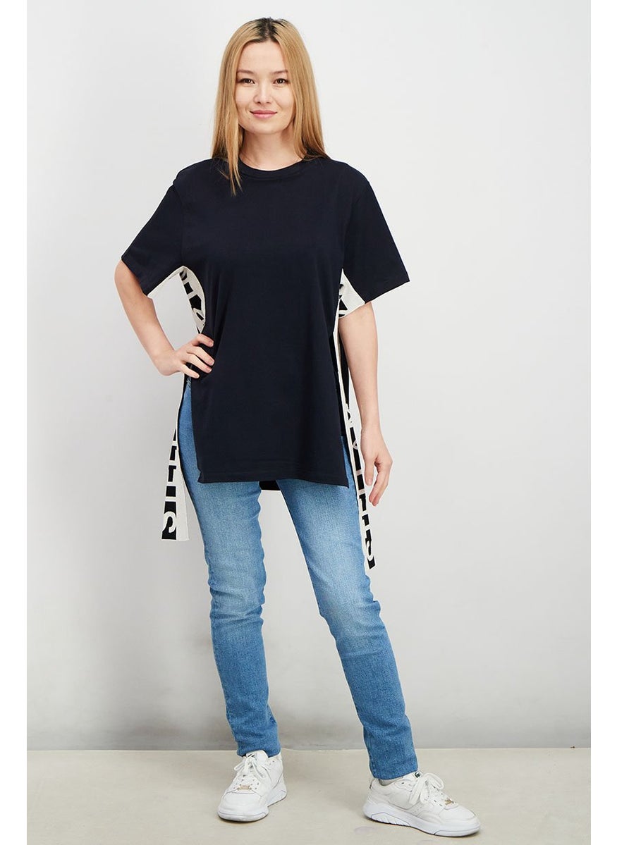 STELLA MCCARTNEY - Women Crew Neck Short Sleeve Textured T-shirt, Navy - Image 1