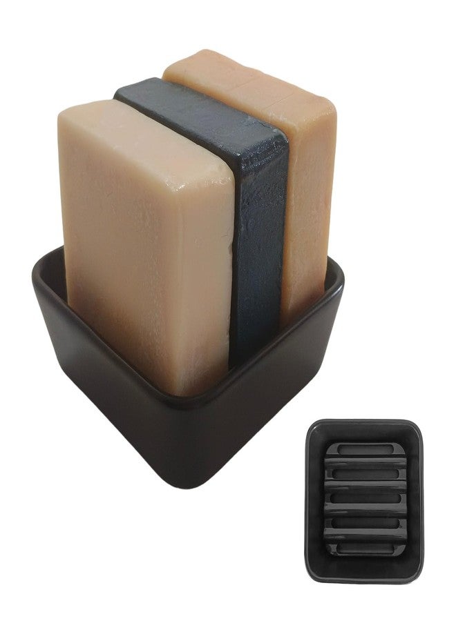 Vonpri Ceramic Soap Dish with Drainer, Square Soap Holder for Bathroom, Shower, Kitchen Sink - Soapbox Saver Tray Dr. Squatch Bar Container Keeps Dry, Easy to Clean, Compact & Stylish (1, Black) - Image 1
