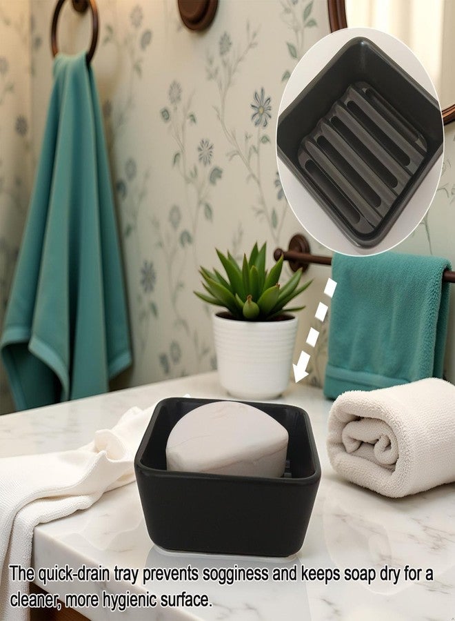 Vonpri Ceramic Soap Dish with Drainer, Square Soap Holder for Bathroom, Shower, Kitchen Sink - Soapbox Saver Tray Dr. Squatch Bar Container Keeps Dry, Easy to Clean, Compact & Stylish (1, Black) - Image 2
