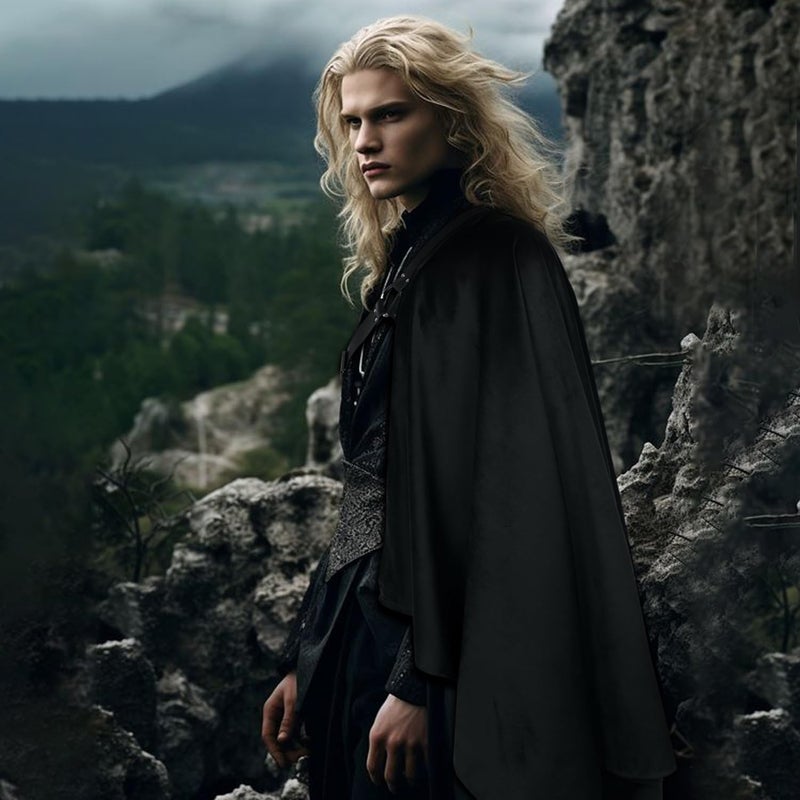 L'VOW Men's One Shoulder Cape Shawl Medieval Cloak with Belt LARP Warrior Samurai Cape Halloween Dune Costume(Black) - Image 2