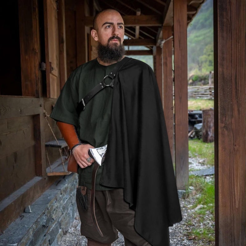L'VOW Men's One Shoulder Cape Shawl Medieval Cloak with Belt LARP Warrior Samurai Cape Halloween Dune Costume(Black) - Image 4
