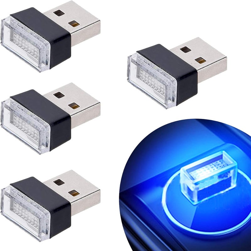 FEBRYTOLD 4Pcs Blue USB Car Interior Atmosphere Lamps, Universal Mini Led USB Lights for Car Decoration, Lighting - Image 1