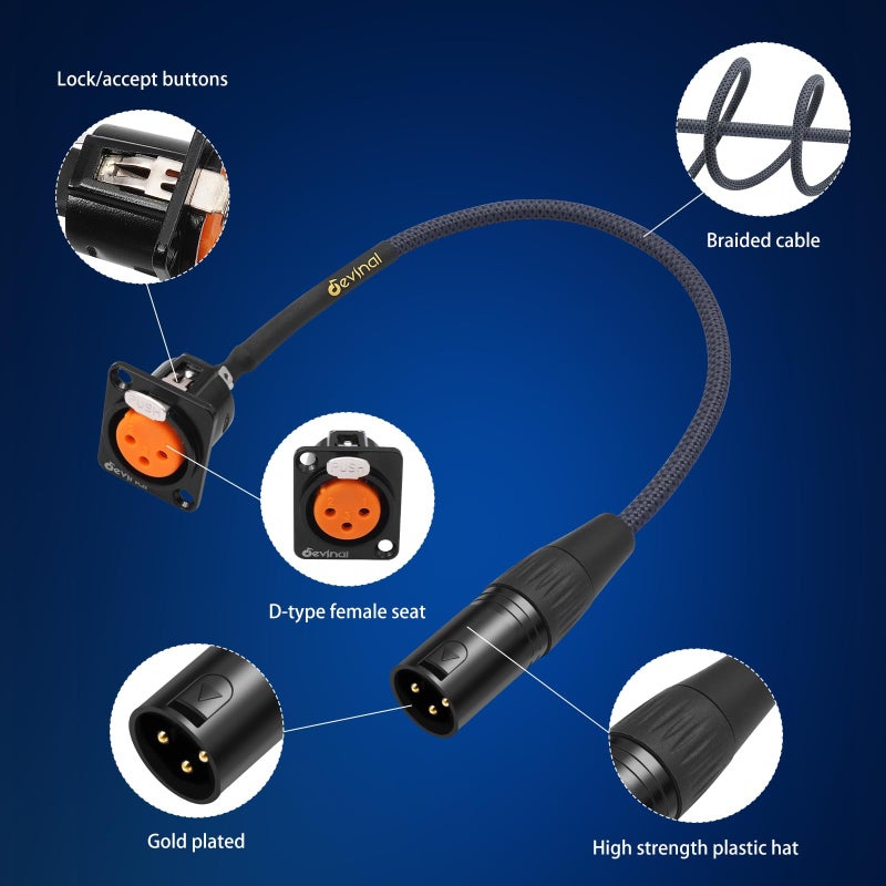 Devinal XLR Pass Through Cable, XLR Female Panel Mount to Male Connector Adapter, Mic Feed/Pass Thru Converter for Stage Box, Patch Panel, Floor Box (Female D-Type Male 2-Pack 2FT) - Image 3