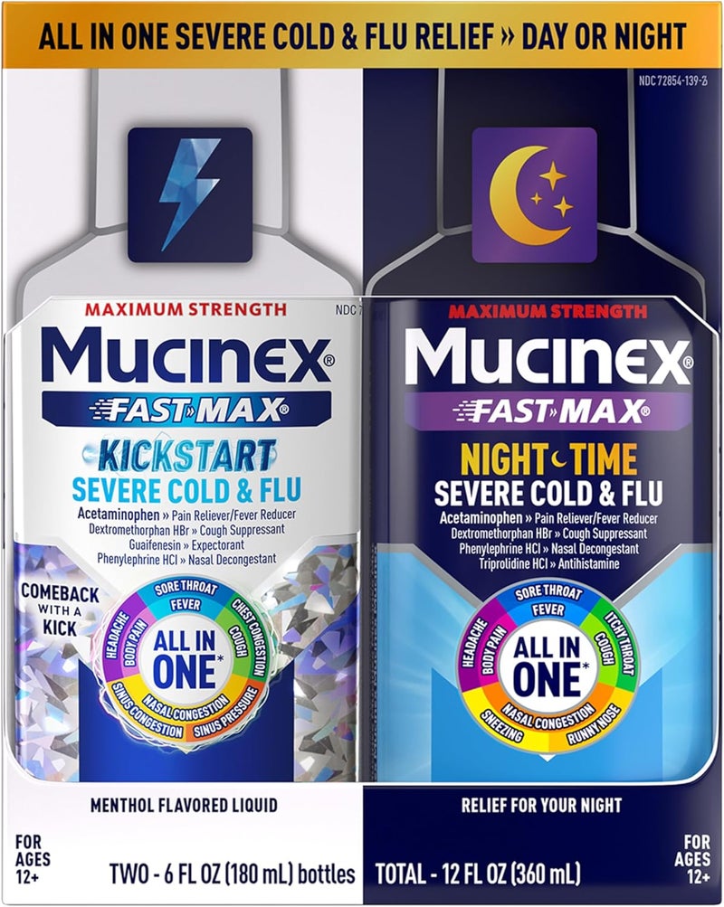 MUCINEX دواء موكسي نكس فاست-ماكس كيكستارت ودواء البرد والإنفلونزا الشديد لوقت الليل للبالغين، دواء السعال للبالغين، عبوة مكونة من دواء البرد السائل نهارًا وليلاً، 2x6 أونصة سائلة