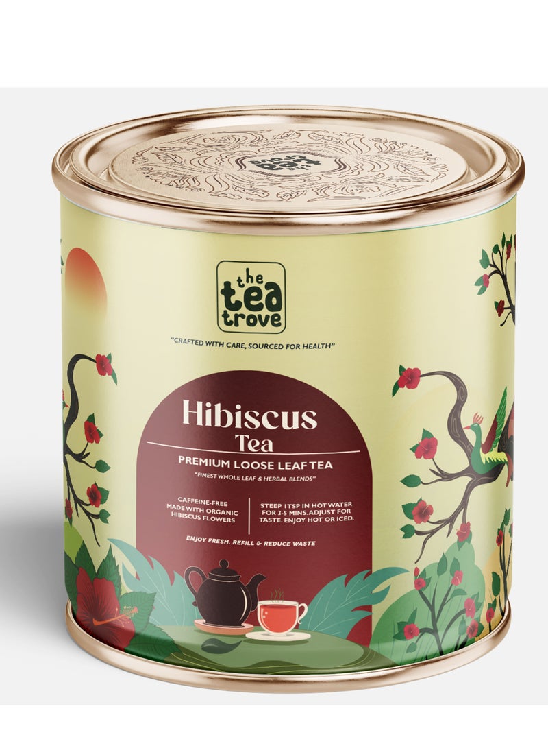 The Tea Trove Hibiscus Tea Leaves Organic 100g – Tin Box Pack - Image 1