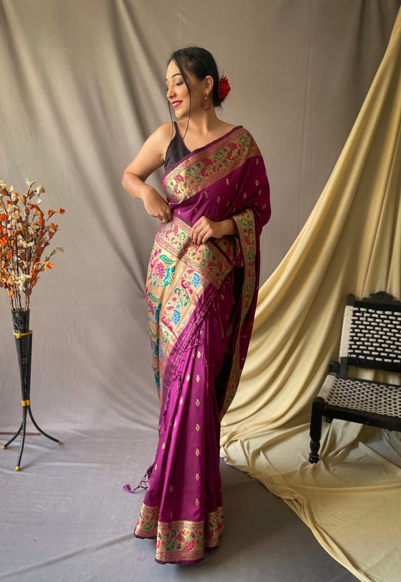 SGF11 Women's Paithani Soft Lichi Silk Kanjivaram Sarees With Blouse Piece (Purple) - Image 2